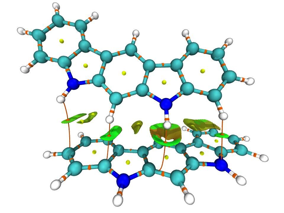 Large colour-filled NCI isosurfaces (green and brown sheets) between two stacked porphyrin-like molecules, drawn without atom labels.