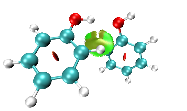 Clean colour-filled NCI isosurface between two stacked molecules on a white background, with two small red steric-effect discs and no annotation text.